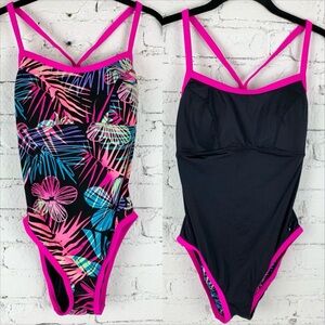 TYR Reversible Safari CrossFit Black Pink Fern Floral One Piece Swimsuit